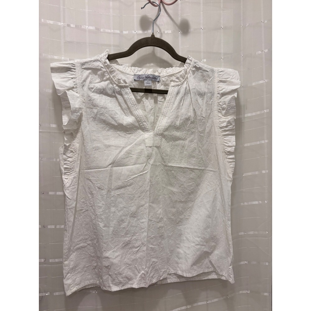 Gloria Vanderbilt Womens White Swiss Dot Ruffle Sleeve V-Neck Cotton Blouse S